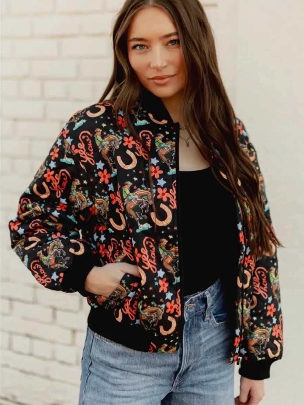 Black Floral & Western Motif Bomber Jacket for Women